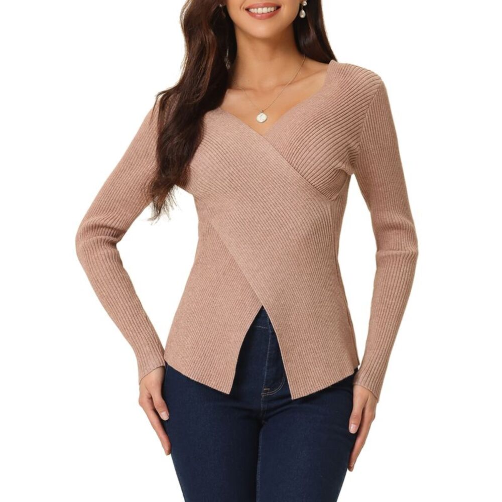 Wrap Fall Winter Ribbed Long Sleeve V Neck Criss Cross Sweater Tops Khaki